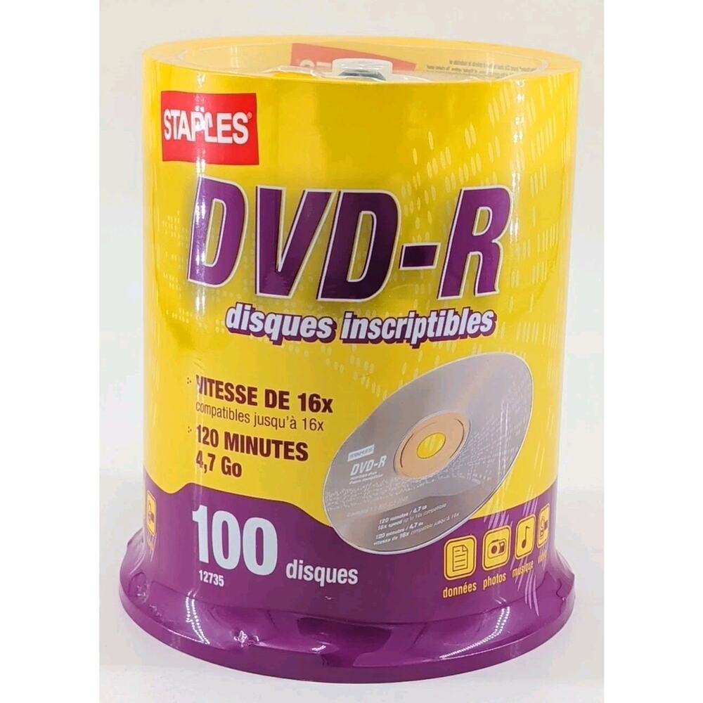 New Staples DVD-R 100 Pack 16X-120 Minutes 4.7 GB Recordable Disc Sealed